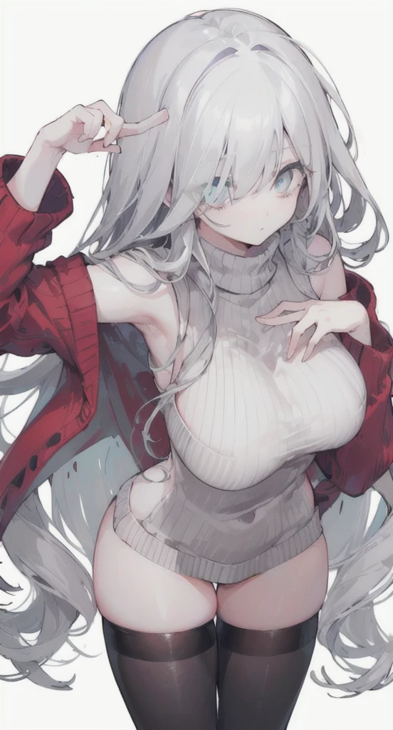 (((Long grey Beautiful Hair))),greys hair,kawai,(((Eyes visible from bangs,hair over eyes:1.3))),,Huge breasts,(Yellow color eyes),,(yellw slanted eyes),1girl in,bangs,longs GREY hair, (white background) (using dark red sweaters, sweater models, off-the-shoulder sweaters), ((Don't wear any pants because the bottom fabric of the sweater is long from the sides to the middle of the thigh)) the curve of her thighs is visible, ((long straight hair)),((The pose of the right hand above the chest, the pose of the left hand hanging down the fingers must be perfect)) (long sweater sleeve covers the back of the hand) image as per tag, Standing body position facing the left side, Bare thighs