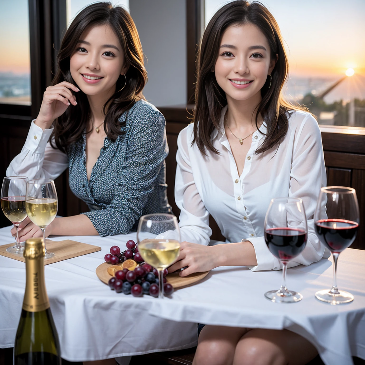 a beautiful slim couple, a man and a woman, sitting at a formal dining table with a wine glass, champagne, and appetizers in the foreground, against the backdrop of an amazing sunset sky view. the couple have bright, happy expressions with the man having short brown hair and the woman having long brown hair in a short style. they are both in their late 30s, and the woman has delicate facial features with blushing cheeks. the lighting is dramatic, with the faces illuminated and creating strong contrast. the overall image has a high-quality, photorealistic, and intricate level of detail, with a beautiful fine grain texture. (best quality,8k,highres,masterpiece:1.3),(realistic,photo-realistic:1.37),couple,1 male 1 female,slim body,lovers,romantic,bob hale,straight hair:1.2,intricate details:1.2,wine glass,dinner table,sunset sky,bright smile,bright image,beautiful face,blue eyes,blushing,short hair,37 years old,red wine,appetizers,indian food,coco cola,champagne,two beauties,brown hair,shortcuts,long sleeve shirt,dress,slim face,slim body,(brown hair),cheeks turn a little red,attractive beauty,home garden,nova frog style,actress,model,upper body,white wine,slim,wine glass,center wine glass,smile:1.15,beautiful fine grain,depth f/2,saturation,high contrast,strong light and shadow,moist body:1.5,3d texture,delicate eyes,shiny hair,pink