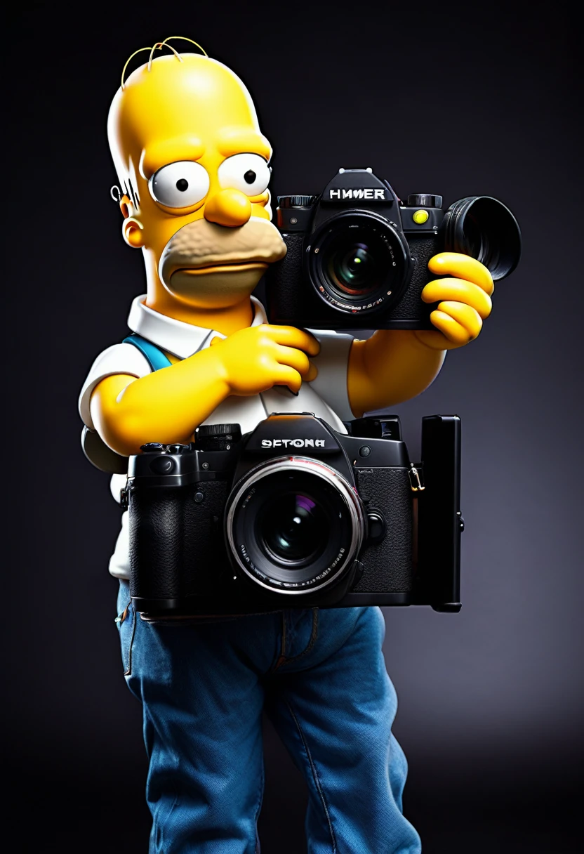 Homer Simpson holding a photo camera, frontal view, full posture, solid black background