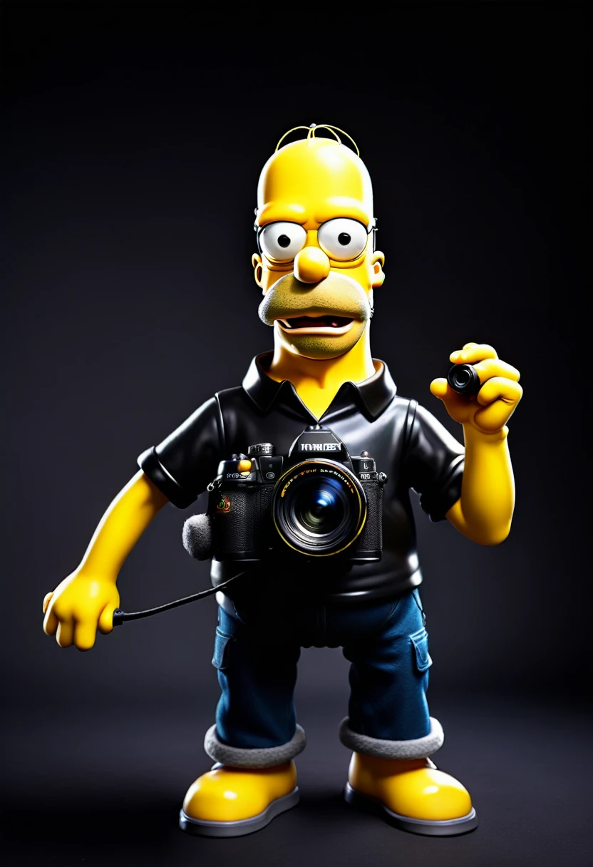 Homer Simpson holding a photo camera, frontal view, full posture, solid black background