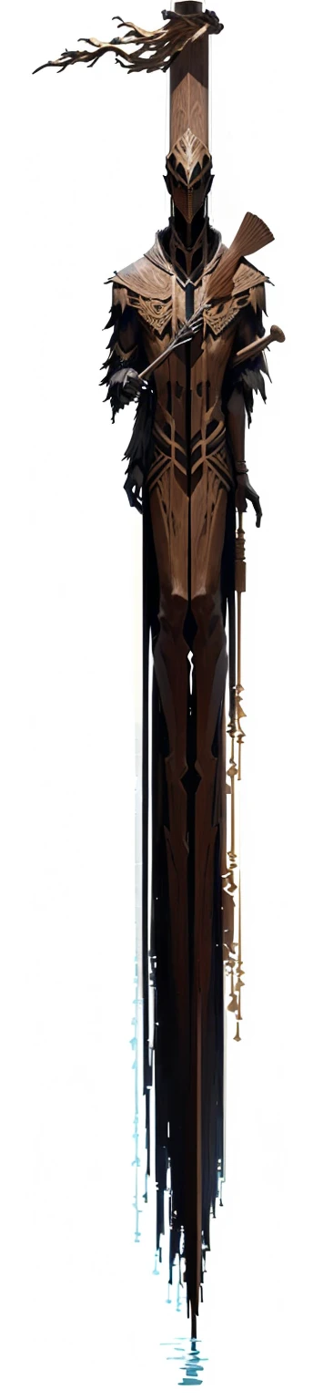 there is a man standing in the water with an umbrella, distant full body view, wooden staff, full body length shot, holding a wooden staff, magic wooden staff, totem pole, bone scepter, full-length view, full - length view, elongated figure, full body image, full length portrait, full body close-up shot, tall skeletal figure