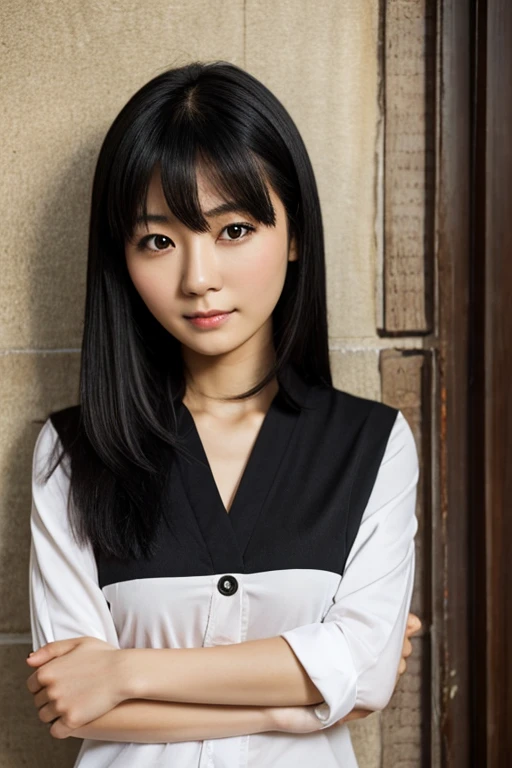 serious, thin woman, black hair, medium hair, asian, artist, (Slightly hollow cheeks), intellectual, faint smiling, mysterious