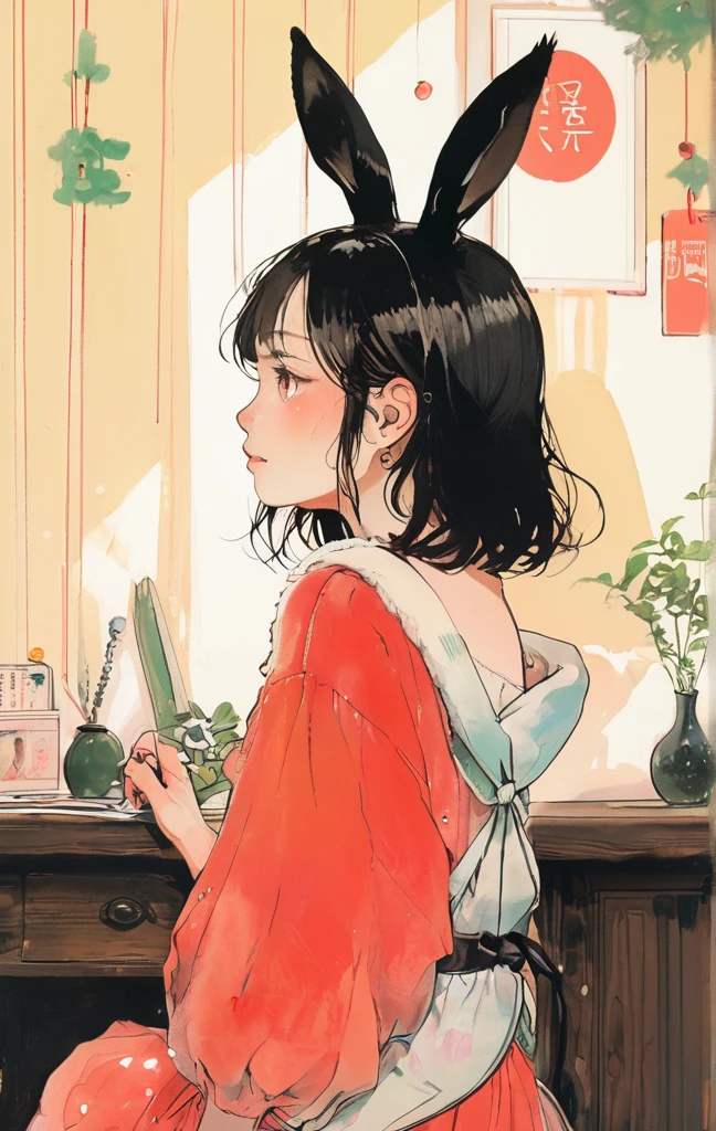 On a bright red campus"YES"Character、beautiful illustration, best quality, cute girl, bedroom, pastel color, fluffy bunny ears, , silver long hair, rabbit stuffed toy, bright lighting, light pink eyes、alone, One girl, profile,Black Bob, profile, The background color is solid yellow,An illustration