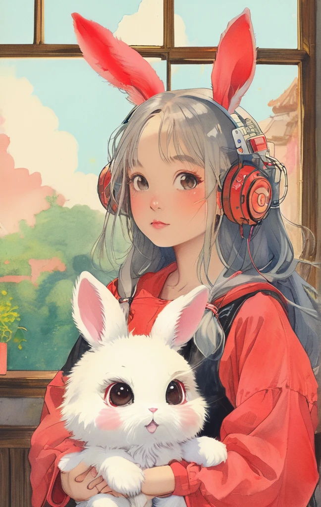 On a bright red campus"YES"Character、beautiful illustration, best quality, cute girl, bedroom, pastel color, fluffy bunny ears, , silver long hair, rabbit stuffed toy, bright lighting, light pink eyes、alone, One girl, profile,Black Bob, profile, The background color is solid yellow,An illustration