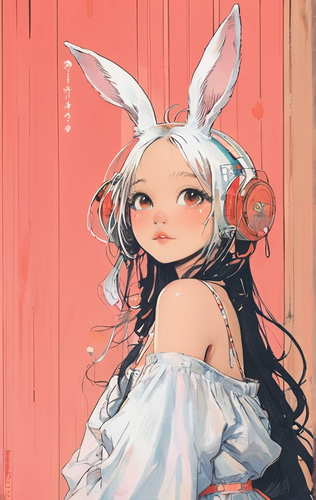 On a bright red campus"YES"Character、beautiful illustration, best quality, cute girl, bedroom, pastel color, fluffy bunny ears, , silver long hair, rabbit stuffed toy, bright lighting, light pink eyes、alone, One girl, profile,Black Bob, profile, The background color is solid yellow,An illustration