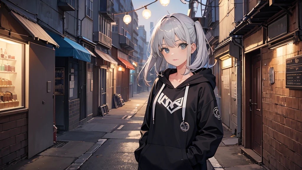 One girl,City of night,Wearing a hoodie，Gray Hair，Back Alley，8K
