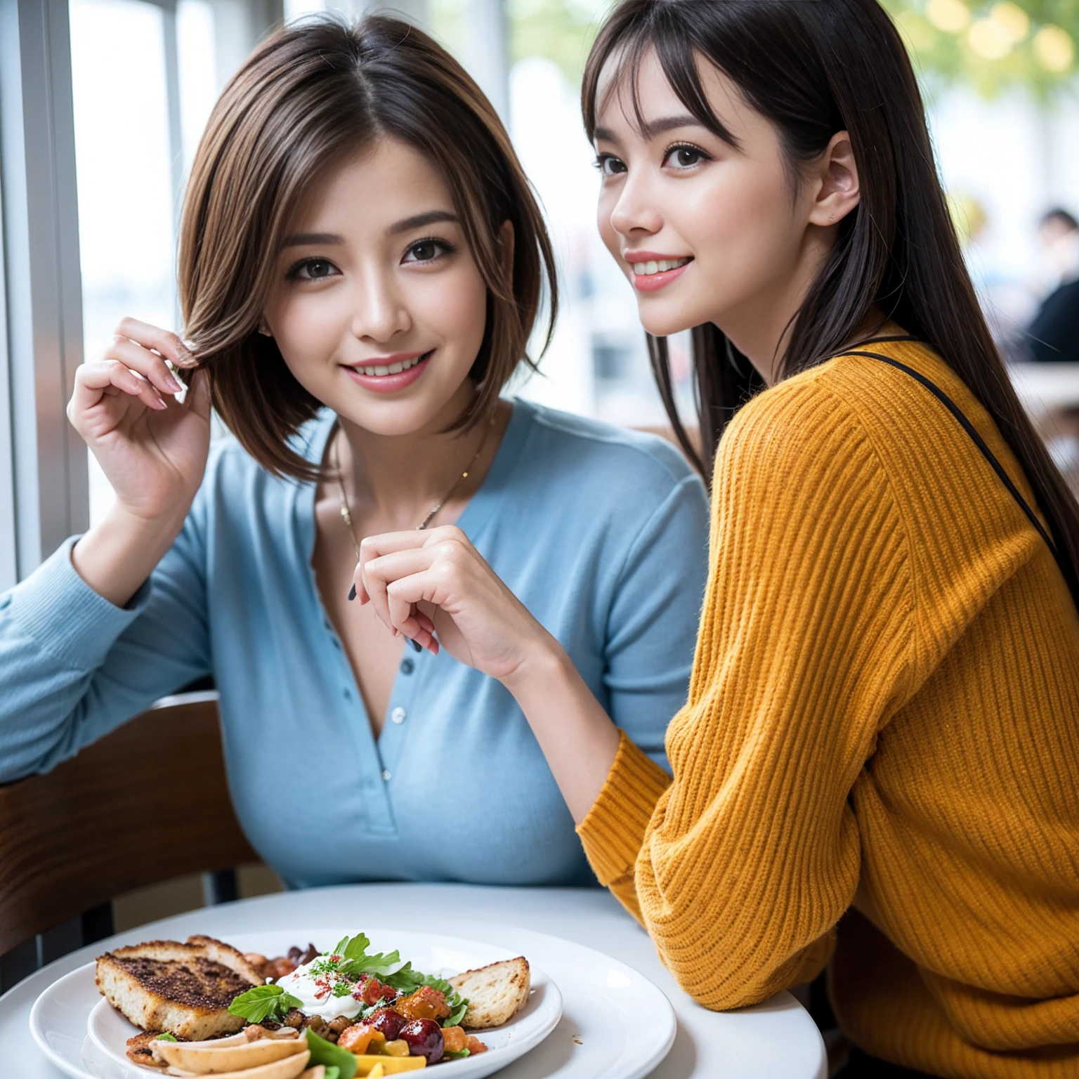 ((Highest quality、8K、masterpiece:1.3))、slimカップル、modelカップル、(Realistic, Intricate details:1.2), full-course dinner、Wine Party、Amazing view of the sunset sky and clouds、A bright smile、The wonderfulness of smile、Bright image、The beauty of wine, Beautiful Face, blue eyes, The light shines on your face, Blushing, short hair,Bright Face、 (Age 37), 39 years old, red wine 、Appetizers、Italian food、Wine bottle、Champagne、sparkling wine、Two beauties、Brown Hair、Shortcuts、Long sleeve shirt、dress、Beautiful woman 1, (slimな顔), (The body is slim), (Brown Hair), (Shortcuts), cheeks turn a little red,Attractive beauty、restaurant, In a prominent place (From the waist up) Nova Frog Style, actress, model, Upper Body, White wine, slim, wine glass, 中央に置かれたwine glass, smile, (smile: 1.15), Beautiful fine grain, Depth f/2,saturation, High Contrast, Strong light and shadow,Moist Body:1.5、3D texture、Delicate eyes、Brown Hair、The hair is very shiny、