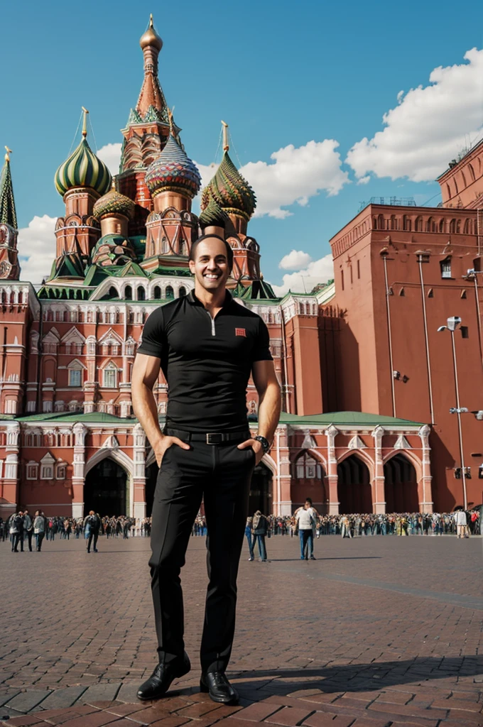 Handsome pumped up guy against the backdrop of Red Square in Moscow