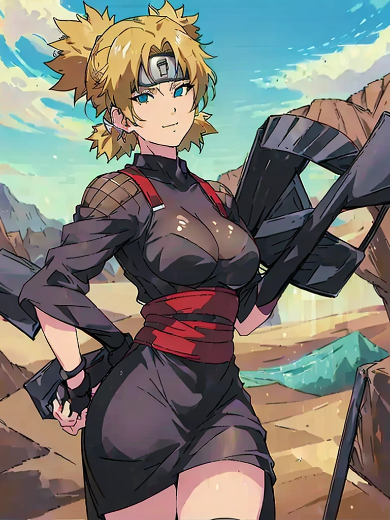 Just one girl,Best quality, 4k, high resolution, body stuck dress, perfect smile, gorgeous, light skin, ahegao face(hentai face) , blond  hair,(bob cut), wearing A sleek jet-black kimono with a red sashh,
She wears her forehead protector, 1 girl, solo, seductive look, elegance and charm, (masterpiece, best quality, high resolution), looking at the viewer, standing, (intricate and beautiful:1.2), (detailed light:1.2), (soft light, side light), (high resolution textures) , holding chain collar, outdoor, Burmese girl, wearing gorgeous jewelary, wearing harness over the outfit ,outdoor background, sun light, attractive, sexy, mature and hot, young,(masterpiece:1.3), (disorganized:1.3), (highest quality:1.3), perfect anatomy, detailed face, front view, perfect right hands, looking at viewer, (Super detailed:1.3), (best shadow:0.7), (treated hair), fine eyes, beautiful eyes, young aged woman, alone, standing, crystal earrings,closed_mouth, , outdoors,Thick thighs, arrogant face, small 