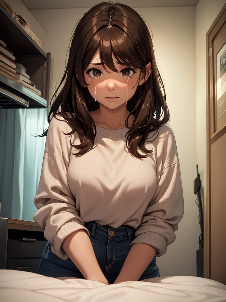 an adult woman, Brown hair, Brown eyes, crying a lot, at night in his room, It's night and there is only light from the night sky