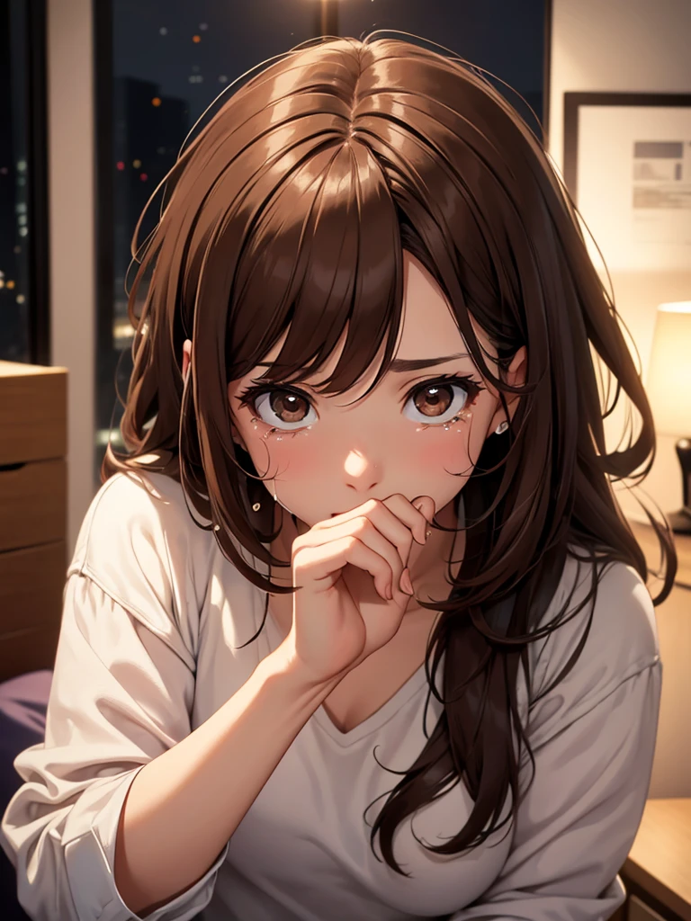 an adult woman, Brown hair, Brown eyes, crying a lot, at night in his room, It&#39;s night and there is only light from the night sky 