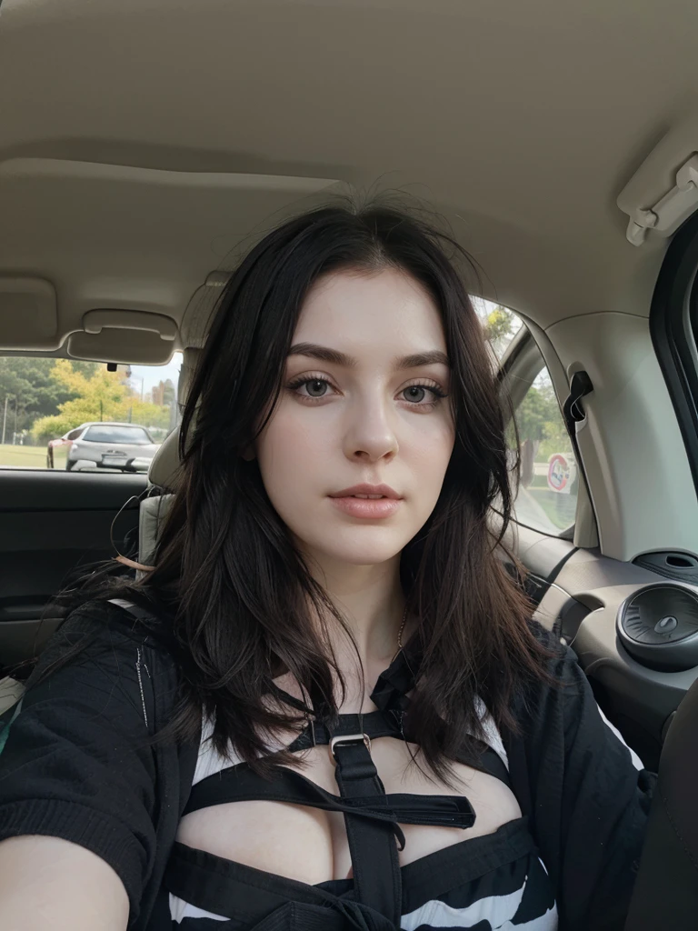 Pale skin, black hair, large breasts, driving, cleavage