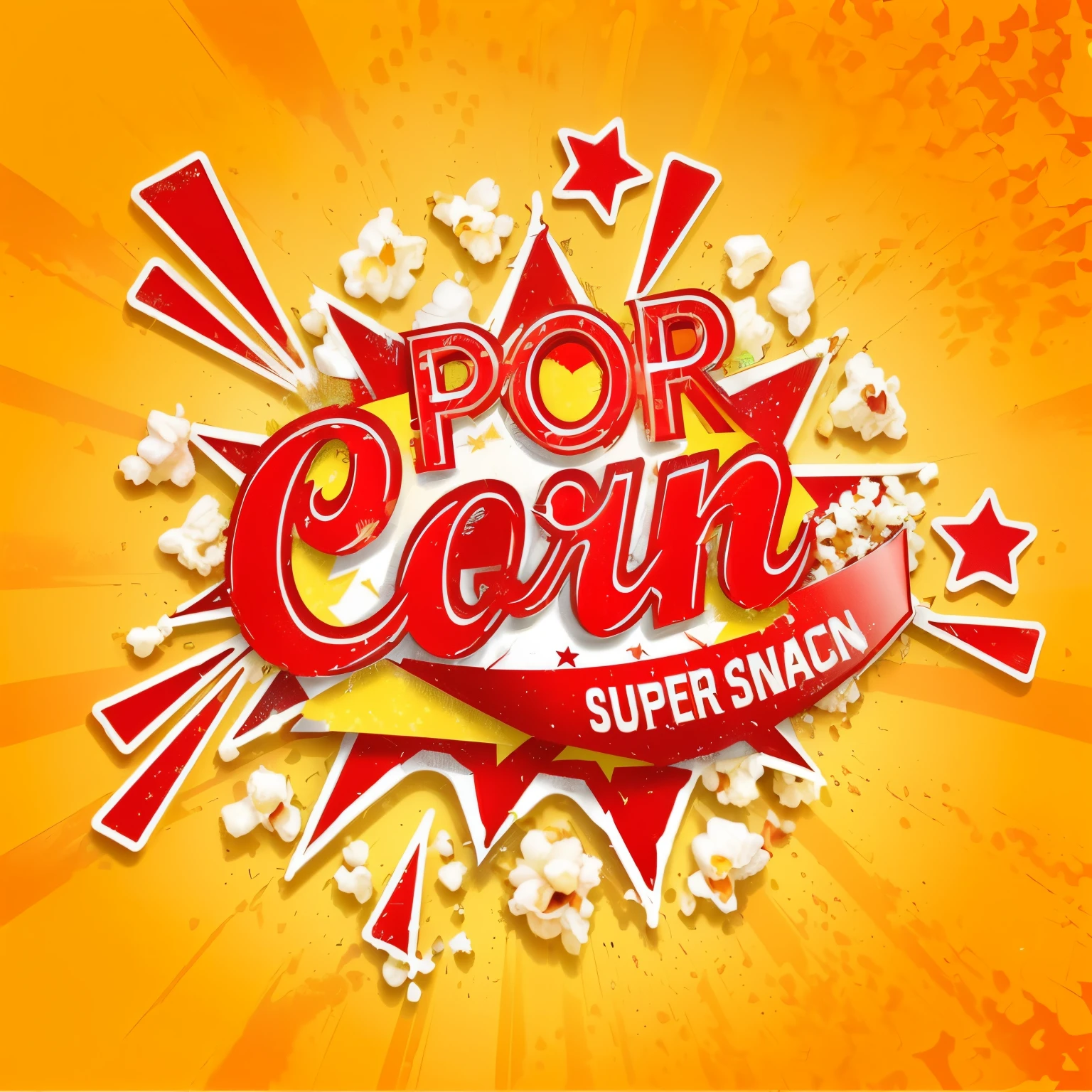 a red and yellow pop corn super snack sign with stars, best on adobe stock, popcorn machine, movie promotional art, trailer, pop art cartoon style, pop art poster, istock, comic, youtube thumbnail, pop - art style, promotional artwork, movie promo, pop, cartoon illustration, pop art style, pop art，