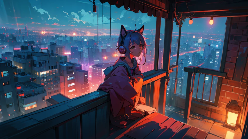 Girl sitting on balcony , Feel the view outside、look , Focus on the night city ,2D Game Art Styles ,Chinstill 50, Put headphones on your ears , Sing a song , at night, Colorful animation skills, A dog is sitting next to a girl