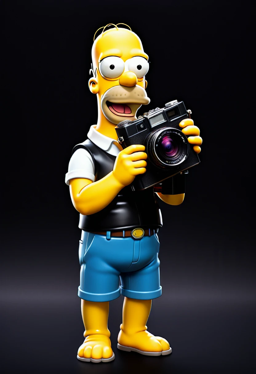 2D Homer Simpson holding a photo camera, frontal view, full posture, solid black background