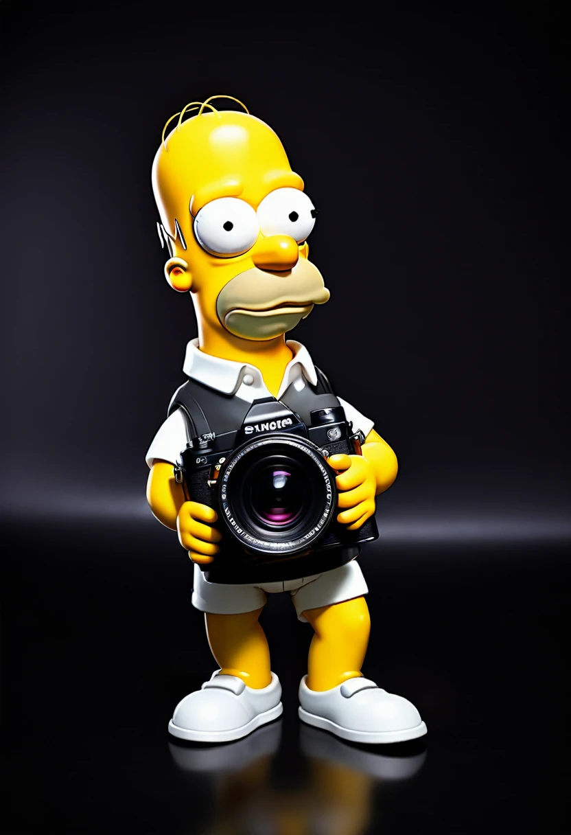 2D Homer Simpson holding a photo camera, frontal view, full posture, solid black background