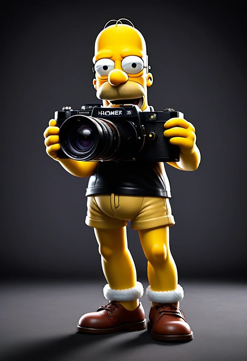 2D Homer Simpson holding a photo camera, frontal view, full posture, solid black background