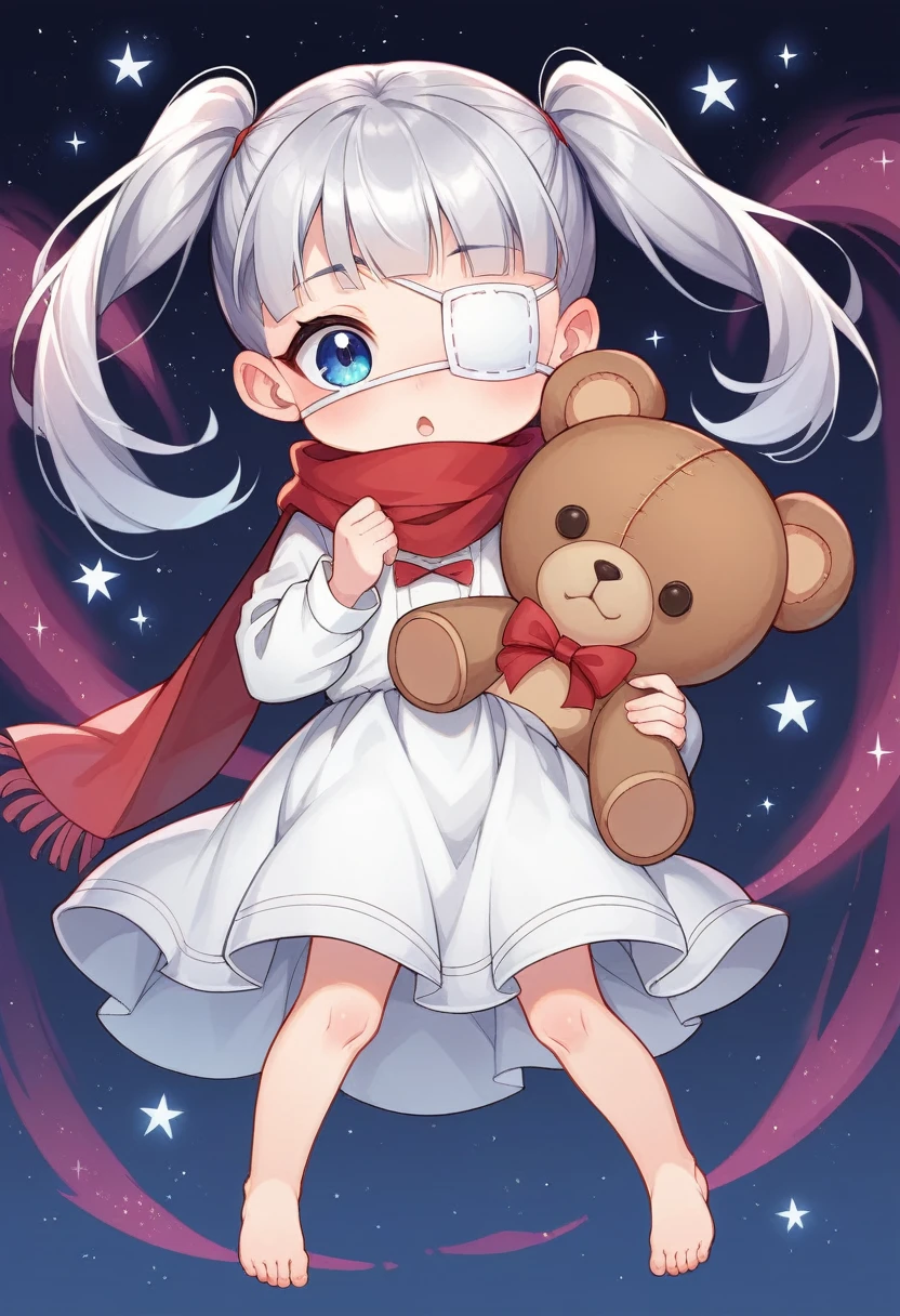 (((masterpiece))), (((best quality))),(((high detail))),light manipulation, darkness manipulation, portal manipulation, girl with silver hair, a normal eye on the left, a gradient purple to sky blue eye on the right, wearing a white dress, a red scarf, a white eyepatch on her right eye, ((())), (((child))) , galaxy background, holding a teddy bear, feet, no footwear