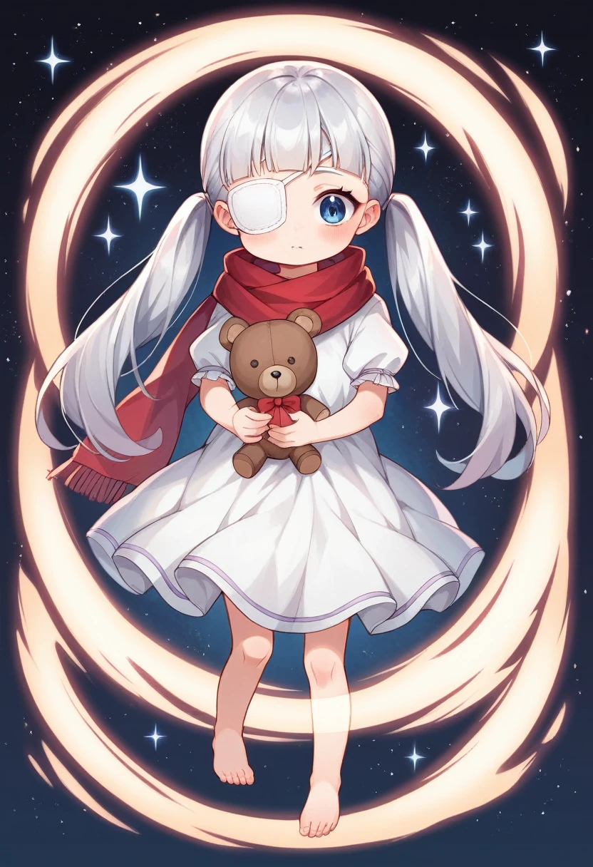 (((masterpiece))), (((best quality))),(((high detail))),light manipulation, darkness manipulation, portal manipulation, girl with silver hair, a normal eye on the left, a gradient purple to sky blue eye on the right, wearing a white dress, a red scarf, a white eyepatch on her right eye, ((())), (((child))) , galaxy background, holding a teddy bear, feet, no footwear