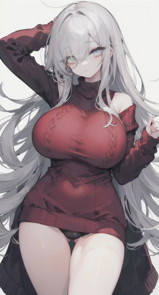 (((Long grey Beautiful Hair))),greys hair,kawai,(((Eyes visible from bangs,hair over eyes:1.3))),,Huge breasts,(Yellow color eyes),,(yellw slanted eyes),1girl in,bangs,longs GREY hair, (white background) (using dark red sweaters, sweater models, off-the-shoulder sweaters), ((Don't wear any pants because the bottom fabric of the sweater is long from the sides to the middle of the thigh)) the curve of her thighs is visible, ((long straight hair)),((The pose of the right hand above the chest, the pose of the left hand hanging down the fingers must be perfect)) (long sweater sleeve covers the back of the hand) image as per tag, Standing body position facing the left side, Bare thighs