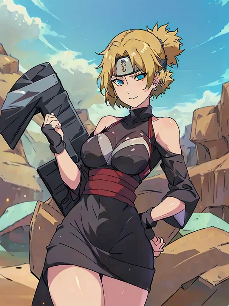 Just one girl,Best quality, 4k, high resolution, body stuck dress, perfect smile, gorgeous, light skin, ahegao face(hentai face) , blond  hair,(bob cut), wearing A sleek jet-black kimono with a red sashh,
She wears her forehead protector, 1 girl, solo, seductive look, elegance and charm, (masterpiece, best quality, high resolution), looking at the viewer, standing, (intricate and beautiful:1.2), (detailed light:1.2), (soft light, side light), (high resolution textures) , holding chain collar, outdoor, Burmese girl, wearing gorgeous jewelary, wearing harness over the outfit ,outdoor background, sun light, attractive, sexy, mature and hot, young,(masterpiece:1.3), (disorganized:1.3), (highest quality:1.3), perfect anatomy, detailed face, front view, perfect right hands, looking at viewer, (Super detailed:1.3), (best shadow:0.7), (treated hair), fine eyes, beautiful eyes, young aged woman, alone, standing, crystal earrings,closed_mouth, , outdoors,Thick thighs, arrogant face, small 