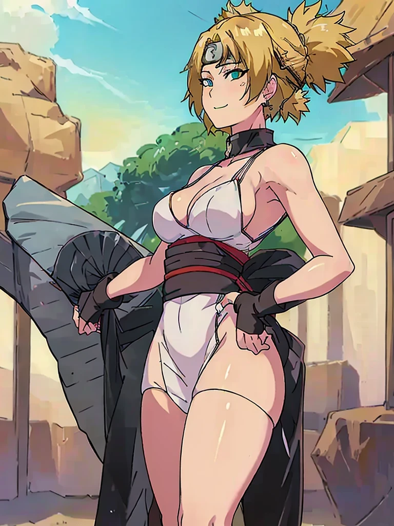 Just one girl,Best quality, 4k, high resolution, body stuck dress, perfect smile, gorgeous, light skin, ahegao face(hentai face) , blond  hair,(bob cut), wearing A sleek jet-black kimono with a red sashh,
She wears her forehead protector, 1 girl, solo, seductive look, elegance and charm, (masterpiece, best quality, high resolution), looking at the viewer, standing, (intricate and beautiful:1.2), (detailed light:1.2), (soft light, side light), (high resolution textures) , holding chain collar, outdoor, Burmese girl, wearing gorgeous jewelary, wearing harness over the outfit ,outdoor background, sun light, attractive, sexy, mature and hot, young,(masterpiece:1.3), (disorganized:1.3), (highest quality:1.3), perfect anatomy, detailed face, front view, perfect right hands, looking at viewer, (Super detailed:1.3), (best shadow:0.7), (treated hair), fine eyes, beautiful eyes, young aged woman, alone, standing, crystal earrings,closed_mouth, , outdoors,Thick thighs, arrogant face, small 