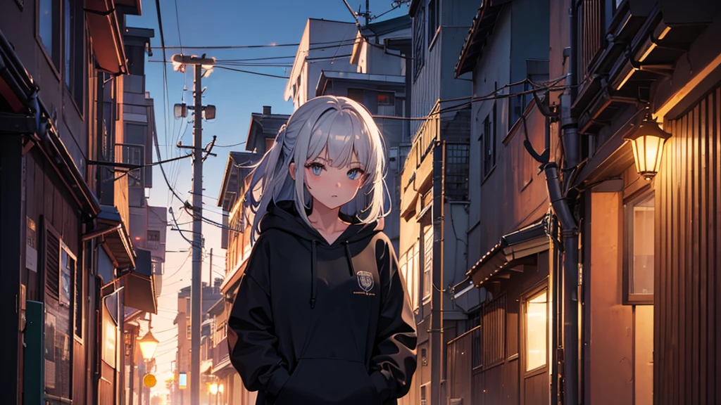 One girl,City of night,Wearing a hoodie,Gray Hair,Back Alley,8K Above chest
