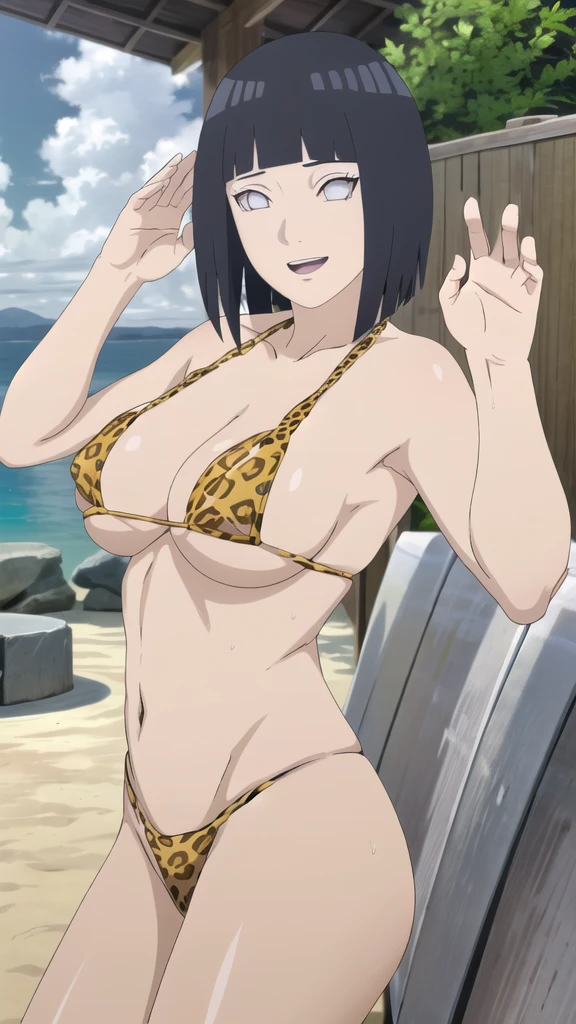 (masterpiece, 4K, Highest quality, anime style: 1.9, Detailed face, Lovely, Ocean,Bold, High resolution, anime, Lake 4. alone, Curvaceous, Thighs, Cleavage, Center of chest, smile, Please open your mouth wide, Very slim belly, Cowboy Shot, Leopard print bikini,1 Girl,NARUTOanime風, Hinata Hyūga,Naked in a swimsuit.(((Sexy pose)))