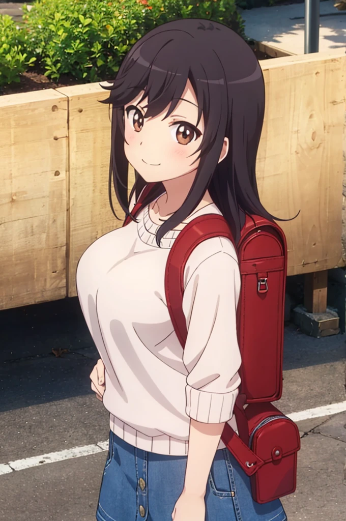 nonhotaru,looking_at_viewer,smile,nature,shirt,skirt,backpack,randoseru,sweater,big breasts