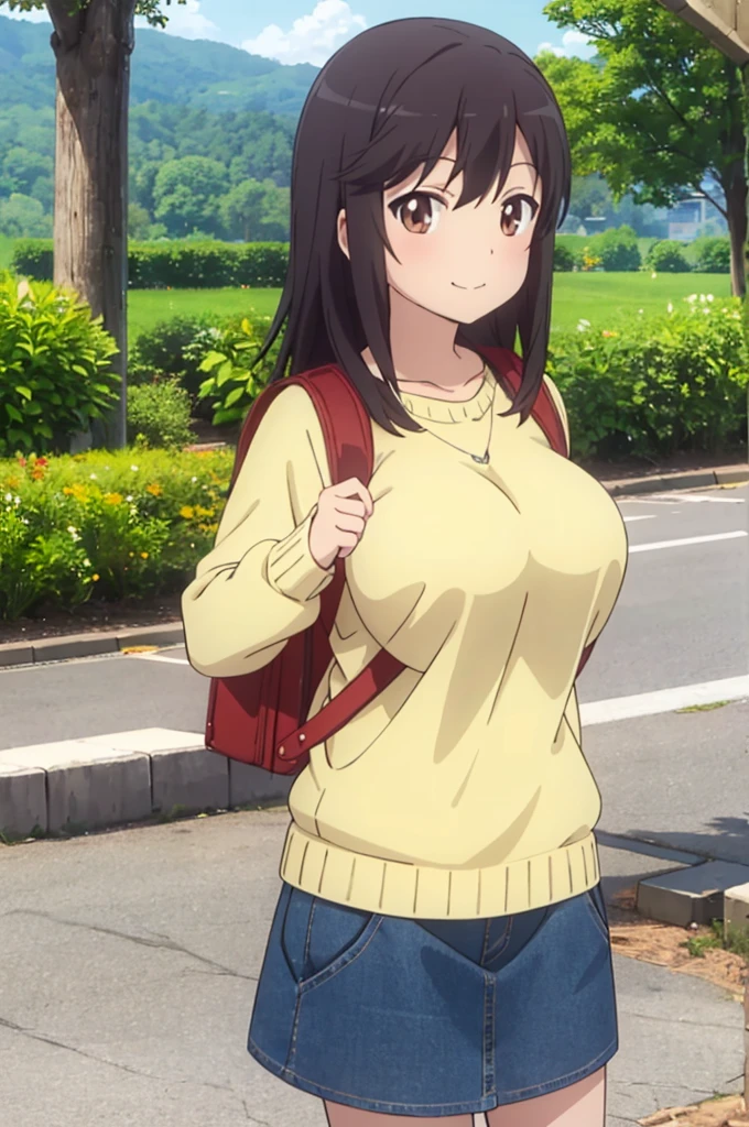 nonhotaru,looking_at_viewer,smile,nature,shirt,skirt,backpack,randoseru,sweater,big breasts