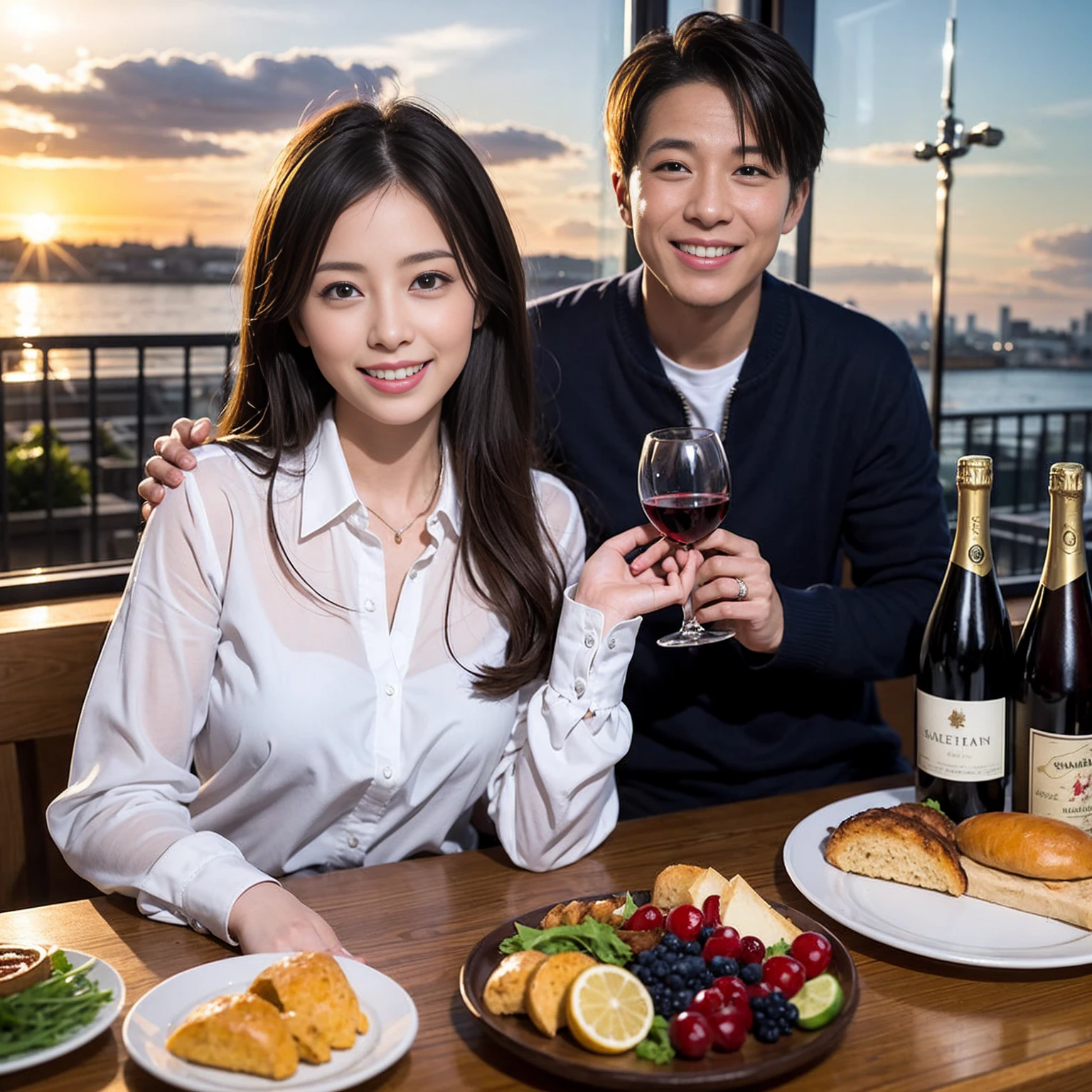 ((Highest quality、、masterpiece:1.3))、1 male、1 female、Satomi Ishihara、 36 years old、Slim Beauty、Pink Couple、smile、 (Slim face), (the body is スリム), (Brown Hair), (Shortcuts), テーブルのフルコースディナーとwine glass、Amazing view of the sunset sky and clouds、smileの美しさ、Wine bottle、sparkling wine、Long sleeve shirt、dress、White wine, red wine, wine glass, 