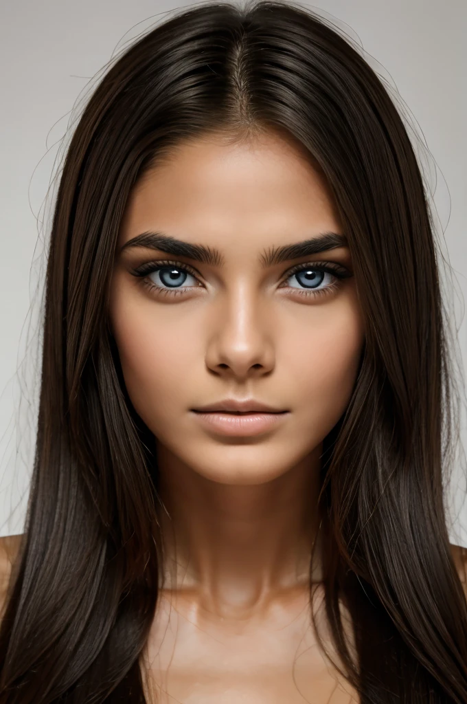 Alone, Very detailed, detailed face, very long hair, image of a beautiful young woman, ((natural black skin)), beautiful natural blue eyes, High Definition RAW Photography, Photography, white skin thin lips, natural eyebrows. European model face with black as black as possible most beautiful look sexiest upturned nose