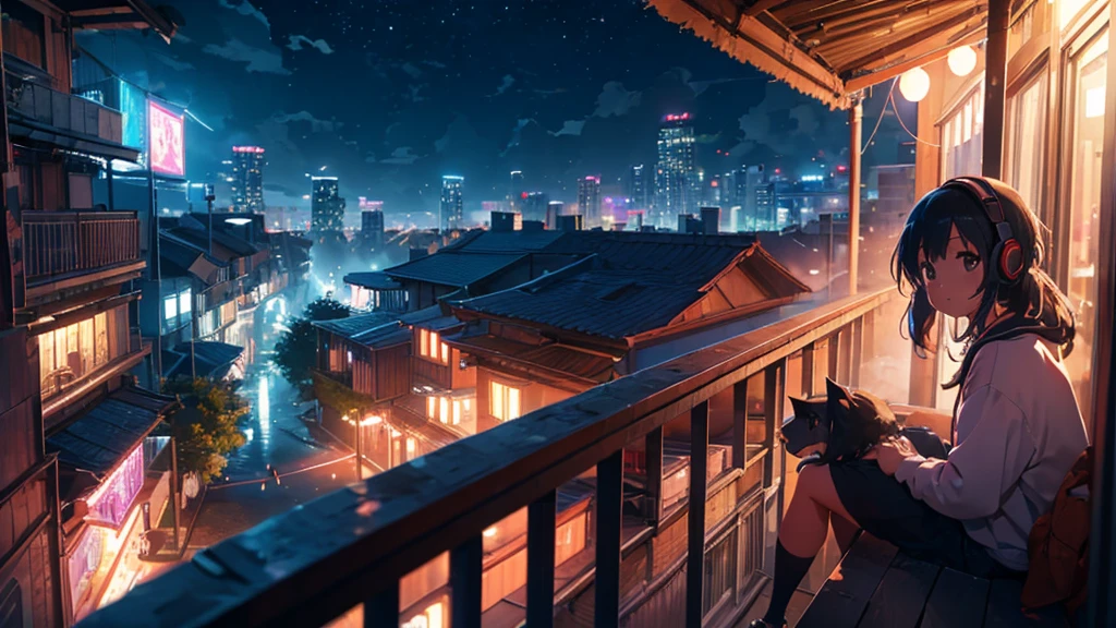 Girl sitting on balcony , Feel the view outside、look  , Focus on the night city  ,2D Game Art Styles ,Chinstill 50, Put headphones on your ears , Sing a song  , at night, Colorful animation skills, A dog is sitting next to a girl