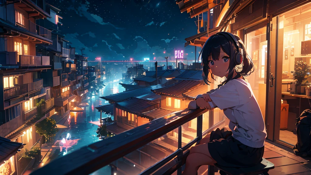 Girl sitting on balcony , Feel the view outside、look  , Focus on the night city  ,2D Game Art Styles ,Chinstill 50, Put headphones on your ears , Sing a song  , at night, Colorful animation skills, A dog is sitting next to a girl