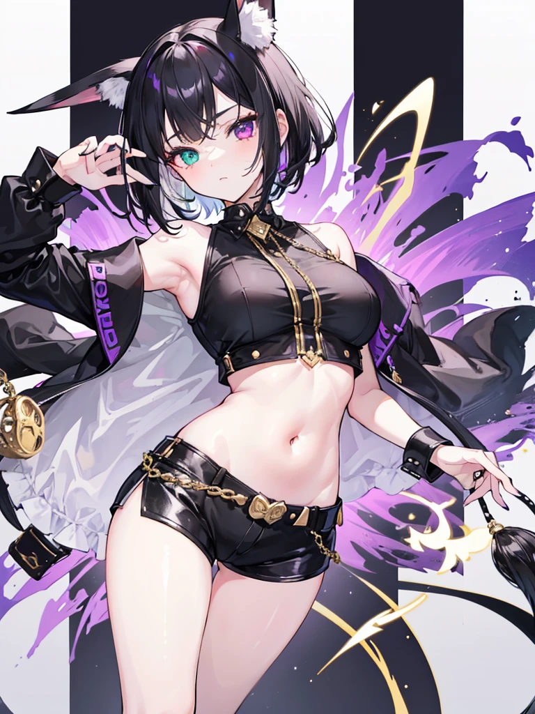 20s, one girl, white and black hair, short hair, black clothes, black nails, showing belly, shorts, gold ornaments, purple and white heterochromia, cool、wears rabbit ears.