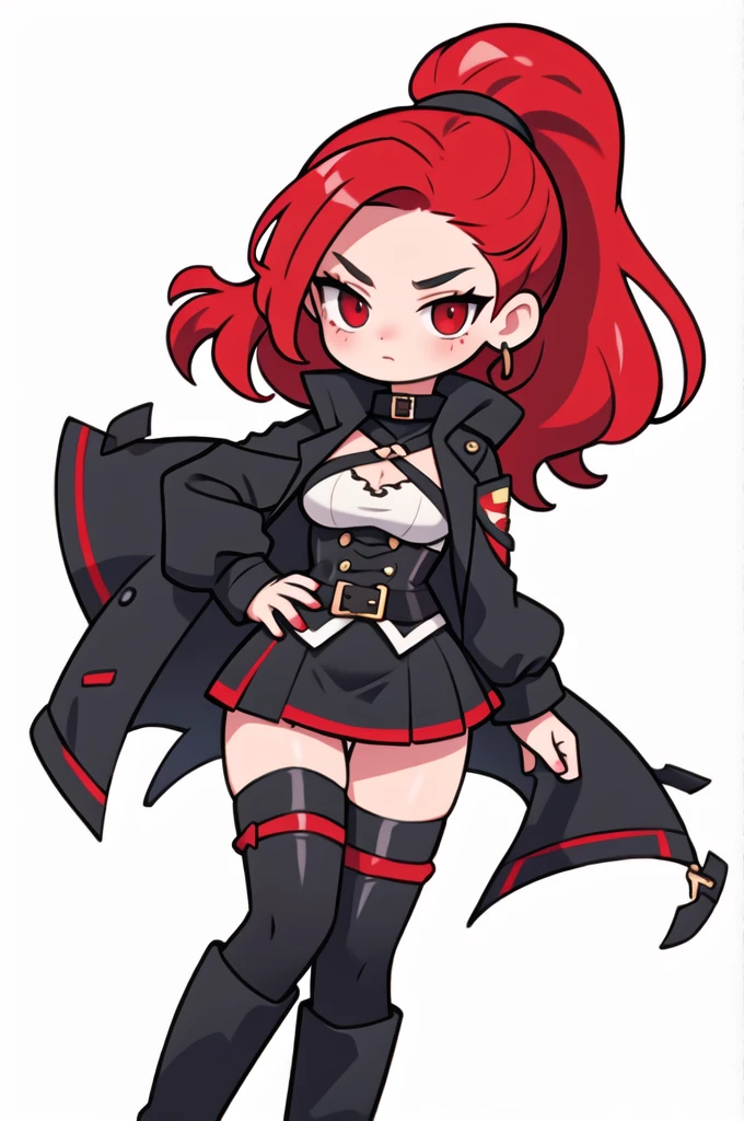 Rogue human woman, with red hair and black highlights, long high ponytail, white corset, black mini skirt, black thigh high boots, black jacket.