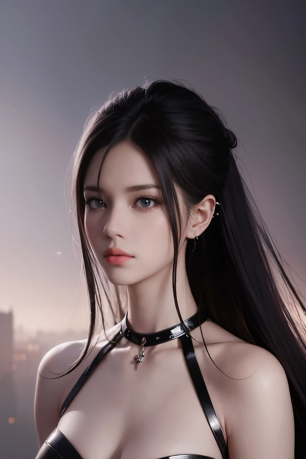 a beautiful elegant woman, seductive pose, minimal armor, impractical armor, long black shiny hair, piercing red eyes, detailed facial features, cinematic lighting, dramatic chiaroscuro, volumetric fog, ambient occlusion, photorealistic, 8k, highly detailed, masterpiece, digital painting, concept art