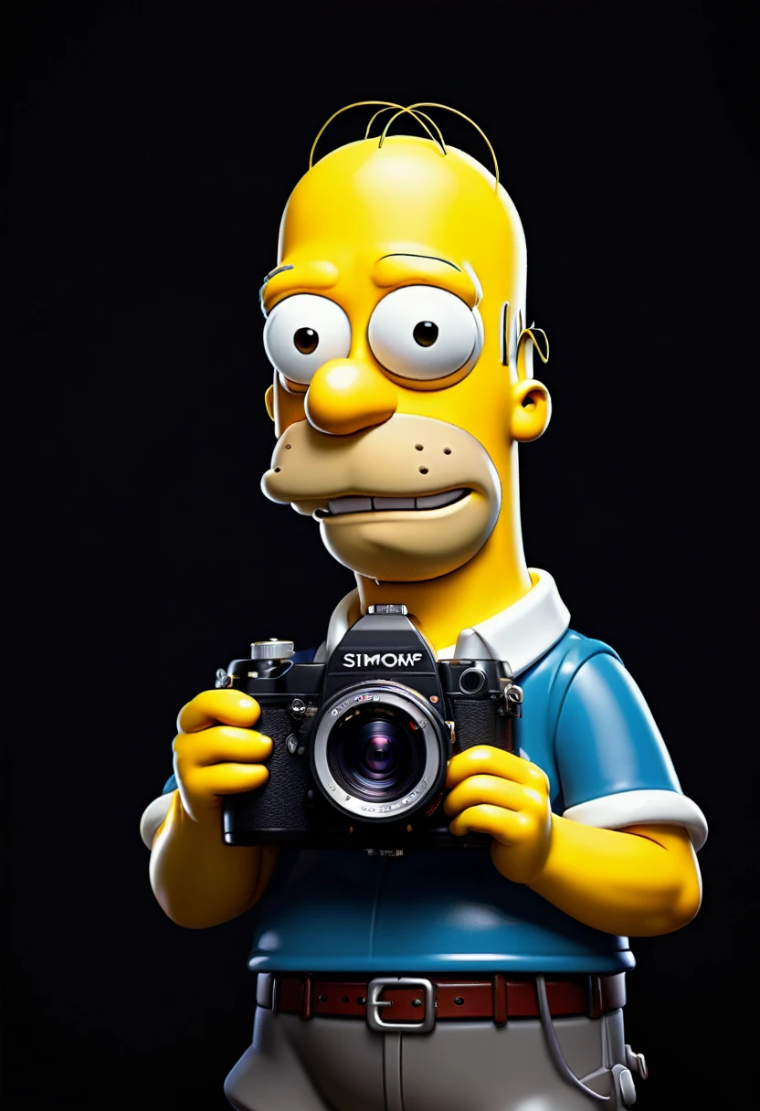 2D Homer Simpson holding a photo camera, frontal view, full posture, solid black background