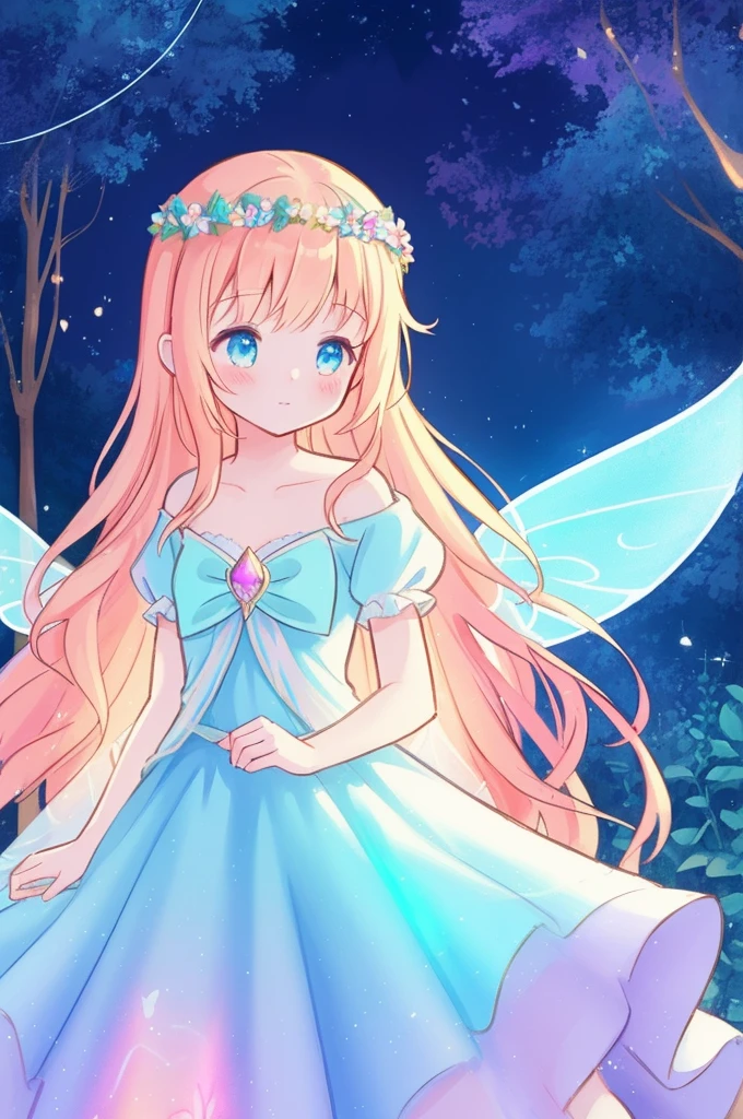 beautiful girl in flowing tiered layered ballgown dress, fairy dress, fairy queen, magical forest background, (glowing fairy wings), glowing flowing ballgown, long wavy hair, sparkling fairy wings, watercolor illustration, flowers and colorful plants, inspired by Glen Keane, inspired by Lois van Baarle, disney art style, by Lois van Baarle, glowing aura around her, by Glen Keane, jen bartel, glowing lights! digital painting, flowing glowing hair, glowing flowing hair, beautiful digital illustration, fantasia otherworldly landscape plants flowers, beautiful, masterpiece, best quality, anime disney style