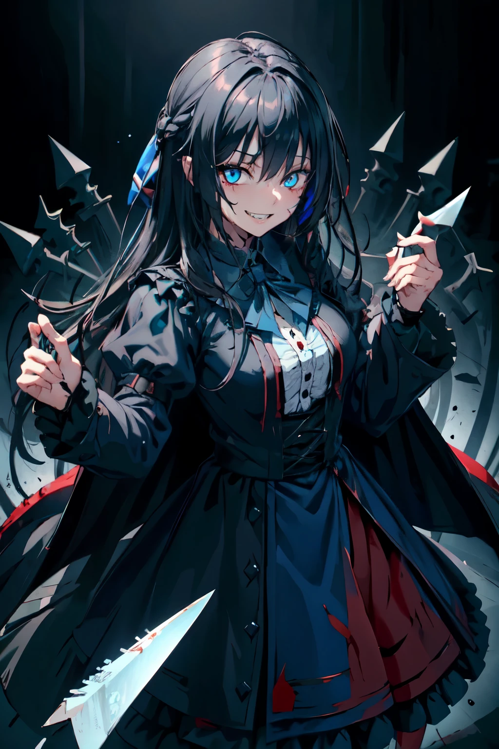 Best quality, 4K,Masterpiece, Extremely detailed, 8K, High detail, Sharp focus, 1girl, Solo, Alice in wonderland, black hair, Detailed eyes, long coat, Smile, Gesugao, (Evil smile:1.1), Sharp teeth, (Crazy blue eyes:1.2), Yandere, holding knives, (blood spatter:0.95)