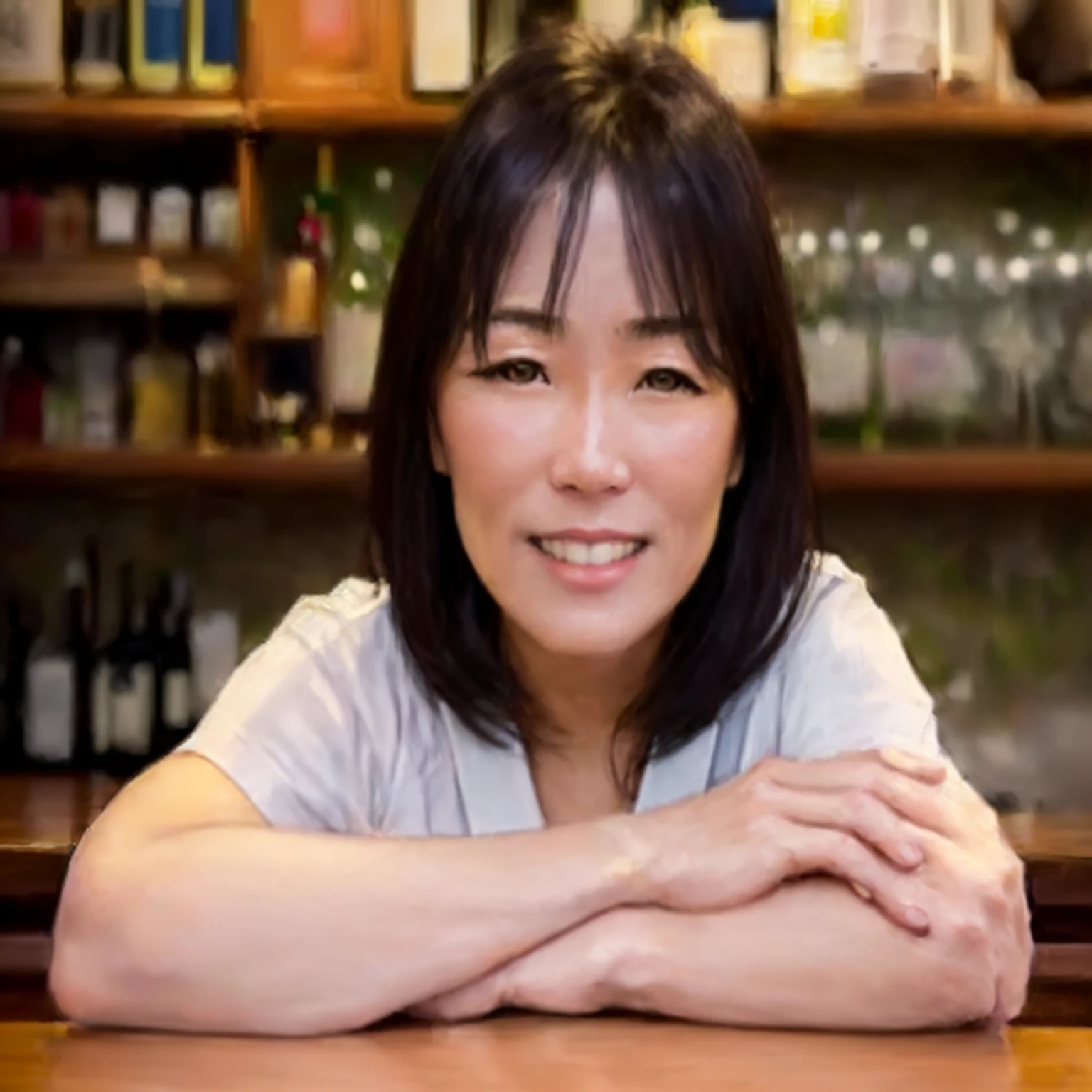 A woman in her fifties sitting at a bar with her arms crossed, narumi kakinouchi, kiyoko suzuki, tsutomo nihie, tsugumi ohba, It's bittersweet, mamimi samejima, Yasumoto Oka, Nishimiya Shoko, Morimoto, what a person, Rinko Kawai, mutsumi akasaki, Chiho