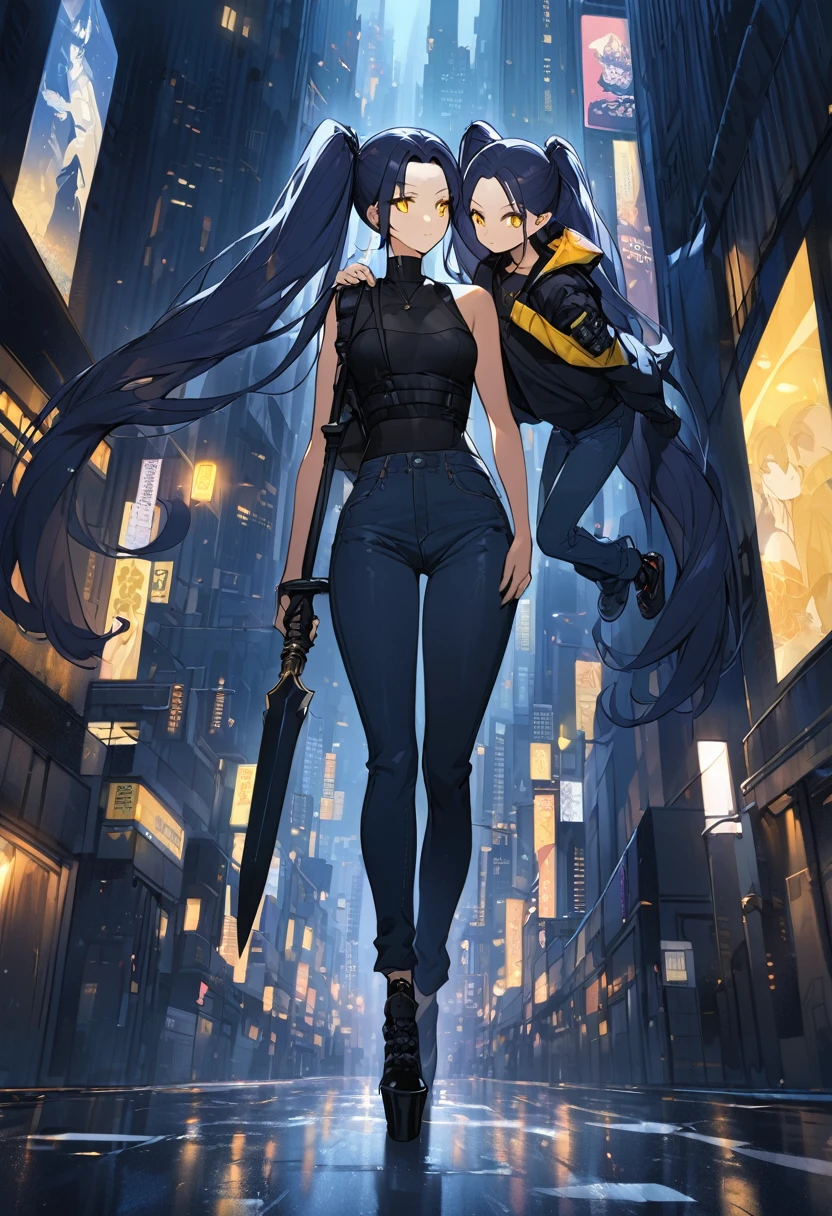 (One very tall woman,Dark navy blue hair,Her hairstyle is twin tails that expose her forehead.,Medium chest,yellow eyes)Black Techwear,Jeans pants,A tall woman carrying a long Japanese spear on her shoulder,City of night