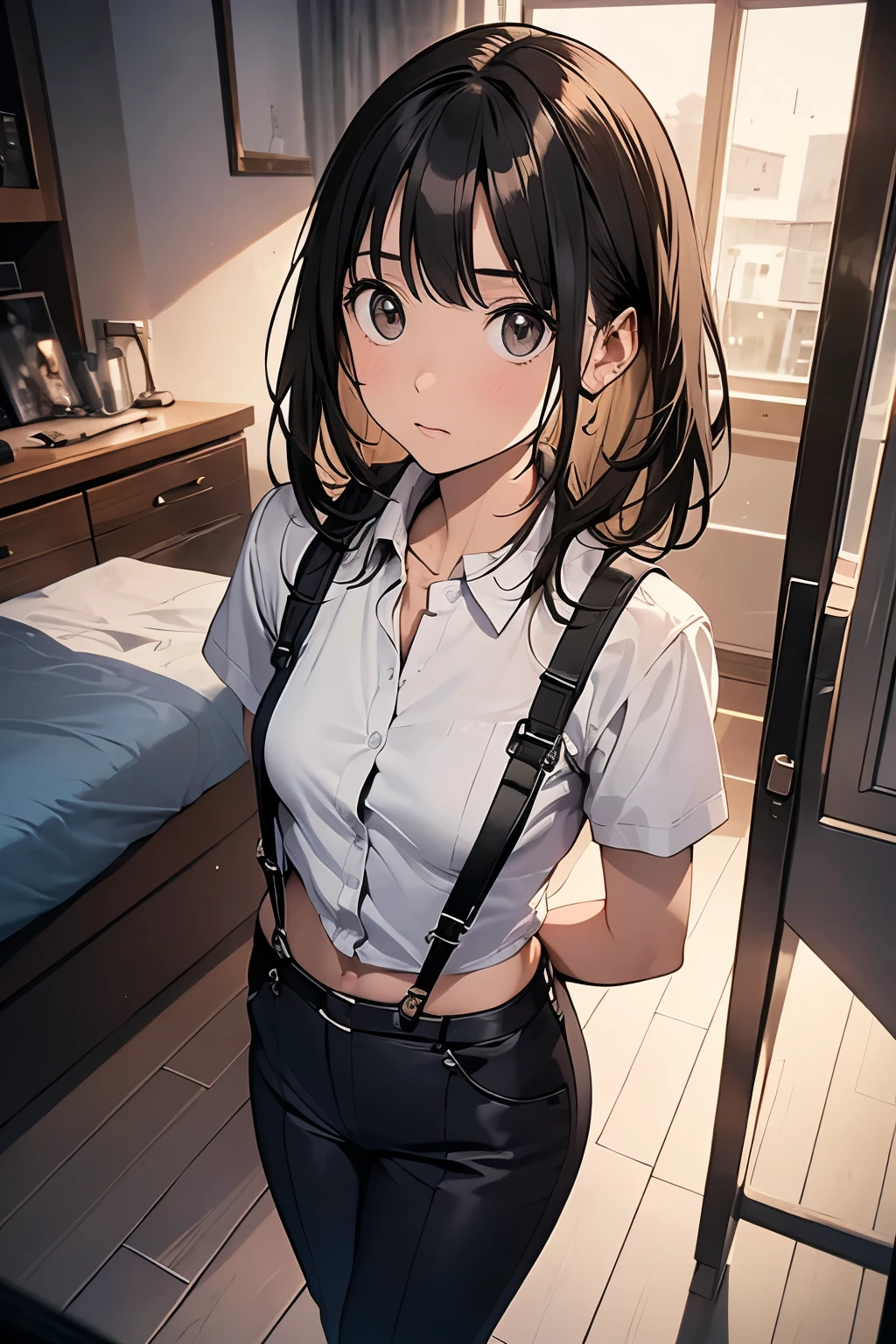 1 female, , high quality, masterpiece, Ultra-high resolution, , Cinema Lighting, , , And the suspenders with the cranes flying Moderate breasts Small face holster Lying in bed Looking up Sweat belt summer 脇Sweat Black Hole Gloves suit shirt Black jacket Black trousers Leg Links ズボンにbelt holster Hands behind your back Anxious expression Looking up Anxious face, legs apart