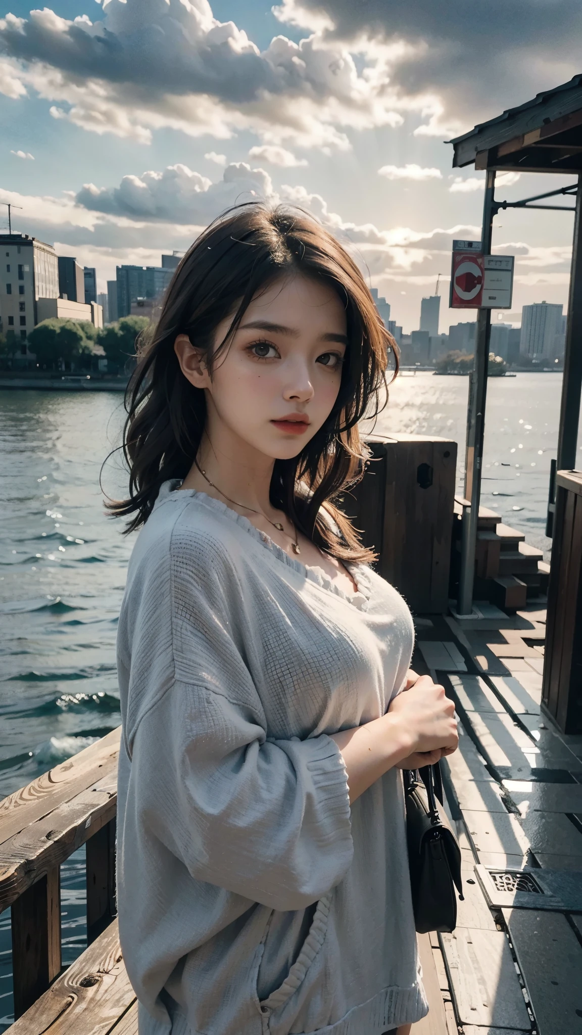 best quality, masterpiece, photo realistic, intricate details, raw photo, photon rendering, octane render, absurdres, ultra detailed, detailed face, detailed skin, trending on artstation,8k masterpiece,cinematic lighting, scenery, scenery, no humans, cityscape, sky, city, cloud, outdoors, building, sunset, city lights, bridge, river, tree, roadn, artist name,