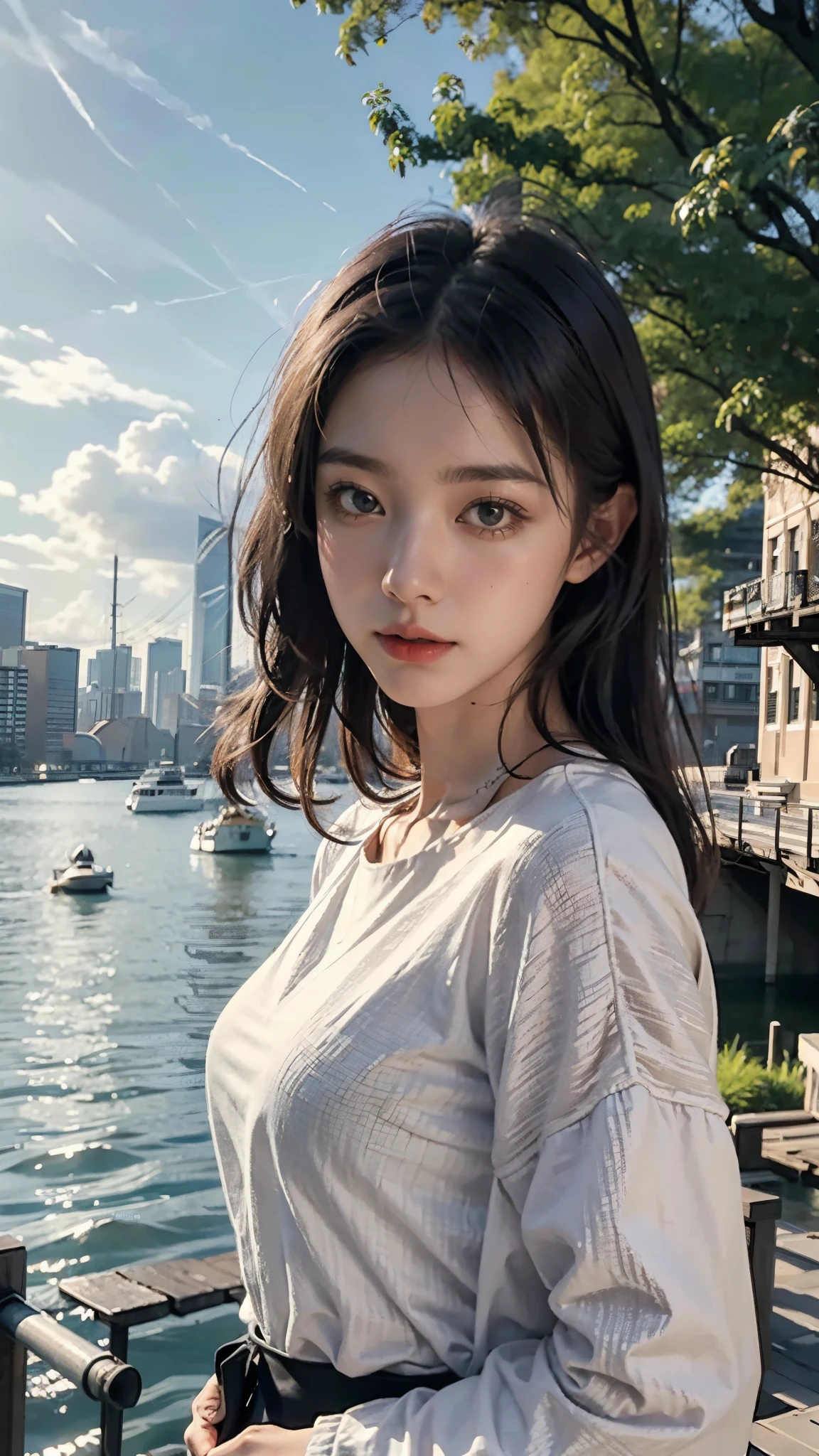 best quality, masterpiece, photo realistic, intricate details, raw photo, photon rendering, octane render, absurdres, ultra detailed, detailed face, detailed skin, trending on artstation,8k masterpiece,cinematic lighting, scenery, scenery, no humans, cityscape, sky, city, cloud, outdoors, building, sunset, city lights, bridge, river, tree, roadn, artist name,