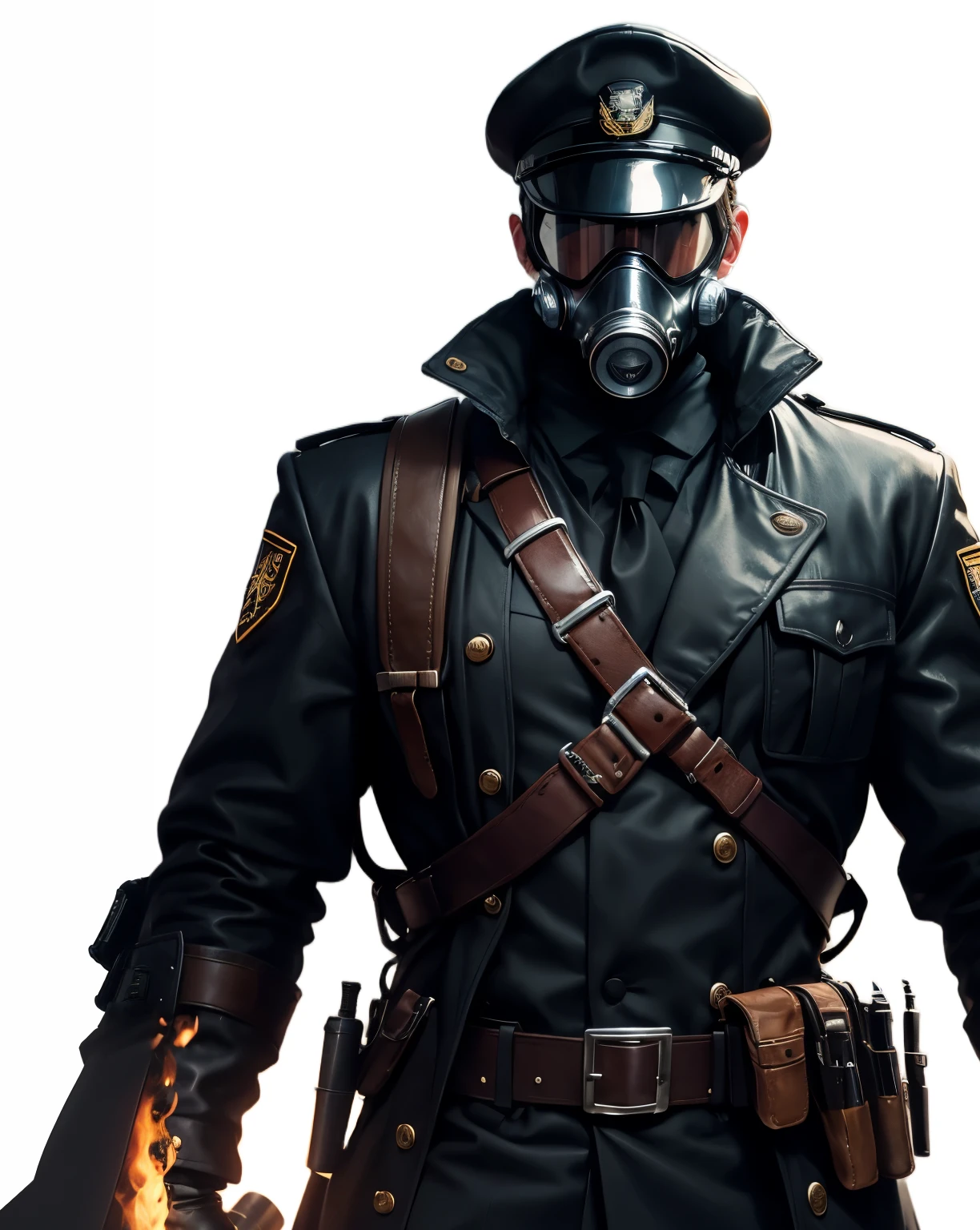 1 man, full body shot of officer, wearing gray trench coat, (gas mask:1.2) and (black captain cap:1.3), (metal shoulder straps: 1.2), black leather gloves, proud, tall, (free hands:1,1), warzone