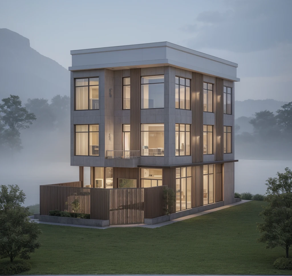 RAW photo, ((white)) modern house, (road:1.3), (sidewalk:1.3), (sidewalk trees:1.3), (residences area:1.4), dawn time, overcast, fog, tropical trees and plants, (high detailed:1.2), 8k uhd, dslr, soft lighting, high quality, film grain,(sharpen:1.5)