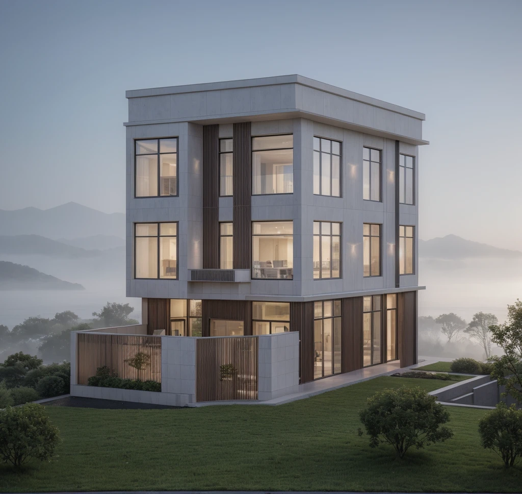 RAW photo, ((white)) modern house, (road:1.3), (sidewalk:1.3), (sidewalk trees:1.3), (residences area:1.4), dawn time, overcast, fog, tropical trees and plants, (high detailed:1.2), 8k uhd, dslr, soft lighting, high quality, film grain,(sharpen:1.5)