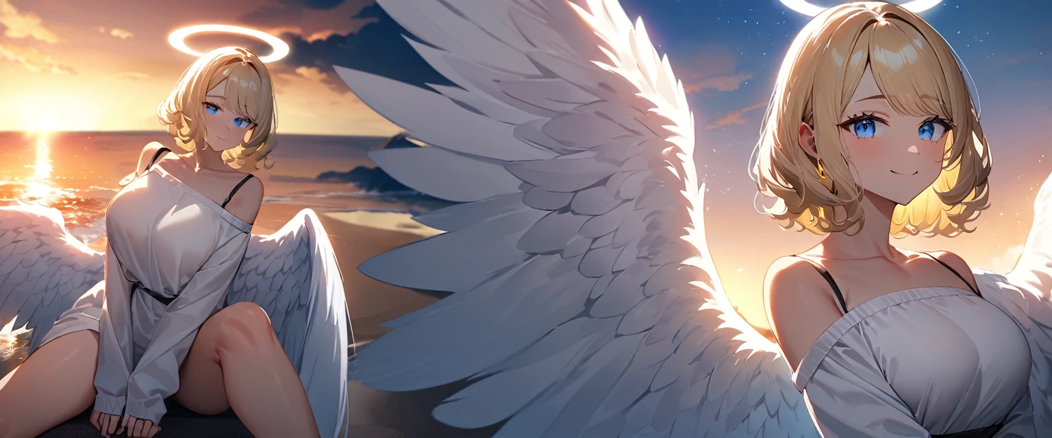 (((One girl))), flying in the sky, bare legs, ((angel, big big white wings:1.2, halo:1.3)), Uriel, ((wavy hair, outward curled hair)), evening, Sunset, sea, beach, ((blond hair, bob cut:1.3)), big breasts, teenager, (looking at viewer), oversized clothes, puffy long sleeves, collarbone, ((off-shoulder sweater dress:1.3, Quite thick shoulder straps)), (((sleeves past wrists:1.3))), ((white sweater)), collarbone, head tilt:1.3, (((blue eye))), ((happy smile)), (((anime style))), (best quality, 4K, 8K, highres, masterpiece:1.2, ultra-detailed, ultra-detailed eyes, HDR, uhd, studio lighting, ultra-fine painting, sharp focus, physically-based rendering, extreme detail description, professional, vivid colors, bokeh), ((Highest quality, Best image quality, Ultra-high resolution, Ultra-high resolution, solo, Strong eye highlights)), Depth of written boundary, Natural soft light, attractive, Beautiful Face, Cleanliness, Pure Face, medium chest, Beautiful Face, Perfect Fingers, Perfect hands, Perfect body, Perfect Face, Shine a light into your eyes, Perfect Anatomy