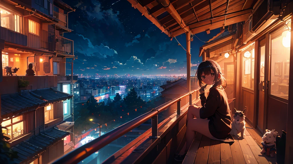 Girl sitting on balcony , Feel the view outside、look , Focus on the night city ,2D Game Art Styles ,Chinstill 50, Put headphones on your ears , Sing a song , at night, Colorful animation skills, A dog is sitting next to a girl